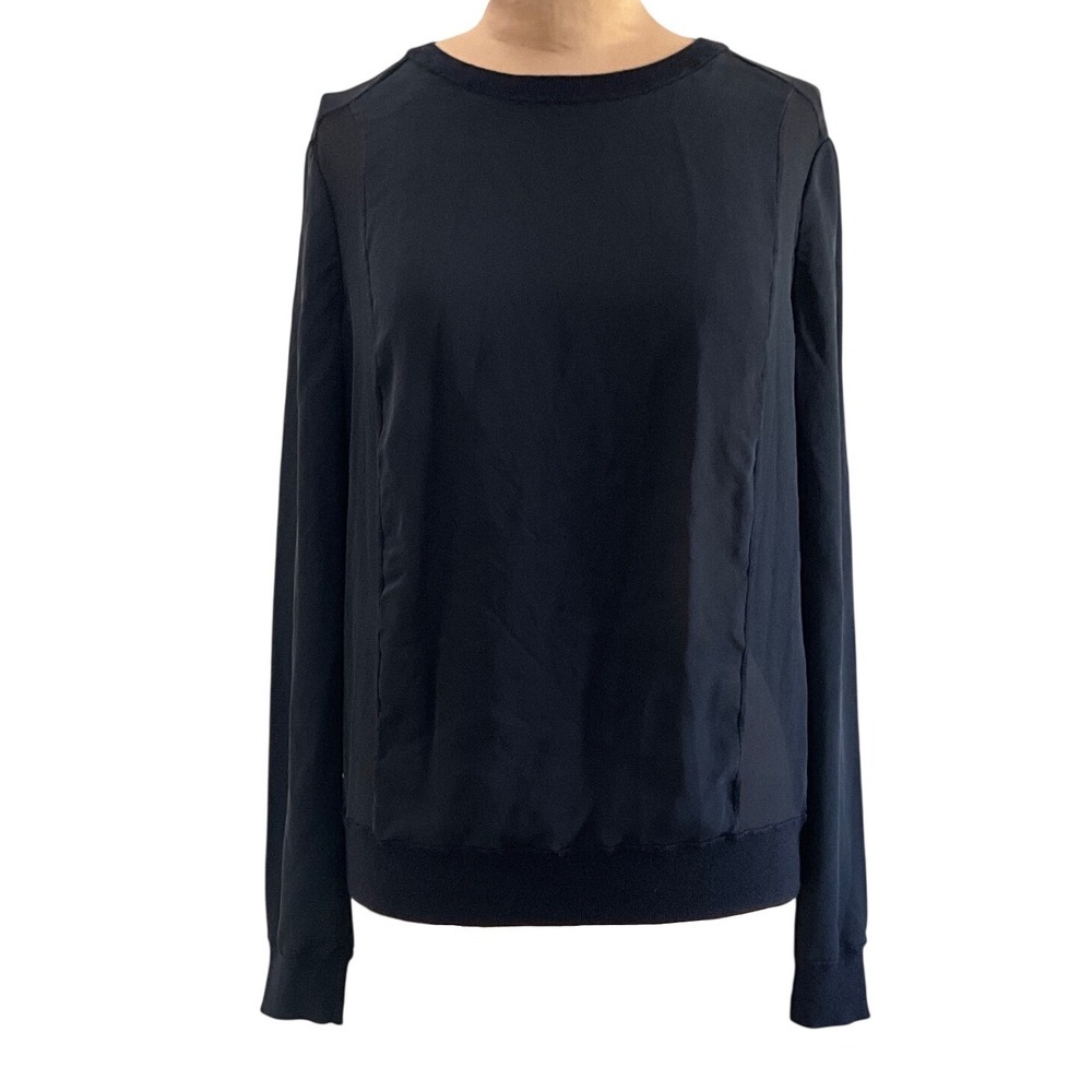 Vince Navy Sheer Mixed Media Knit Trim Crewneck Blouse Designer Women's Size M